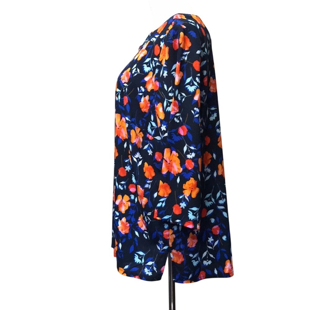 C&E Womens Plus 1X Floral V-Neck Tunic Blouse‎ 3/4 Sleeve Navy Orange RN 81913